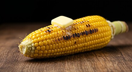 a single, perfectly grilled ear of corn on the cob, with slight charring and glistening butter, resting on a rustic wooden surface.