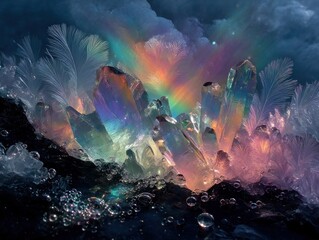 Crystal formations bathed in light