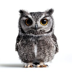 Fototapeta premium scops owl sitting still, small compact body covered in mottled brown and gray feathers, short ear tufts raised, large golden eyes staring