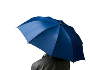 Man with a blue umbrella on a rainy day, isolated