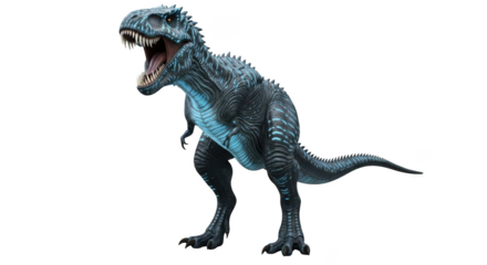 Fierce tyrannosaurus rex dinosaur roaring with glowing blue accents isolated on transparent background