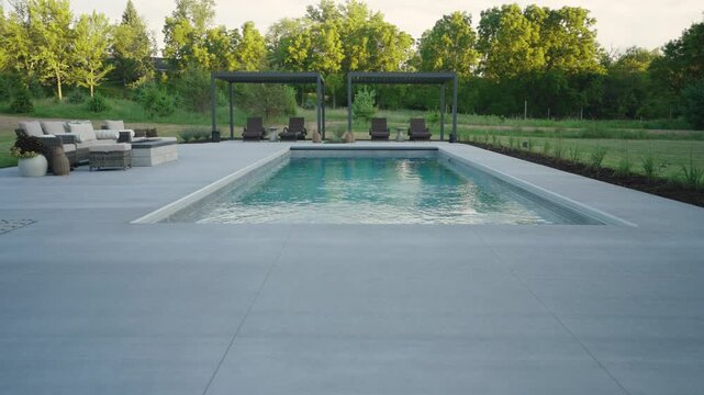 Clean symmetrical shot of backyard fiberglass pool and twin pergolas under soft light.
