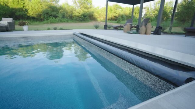 Fiberglass backyard pool with retracted cover and shaded lounge on sunny day.