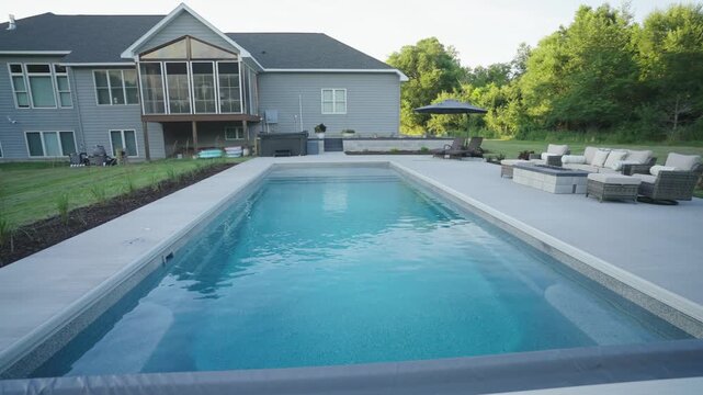 Wide view of luxury backyard fiberglass pool with retracted cover and patio furnishings.
