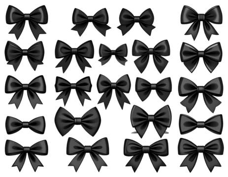  Elegant Monochrome Ribbon Bows Set in Classic Styles, Symmetrical Front Views, Isolated