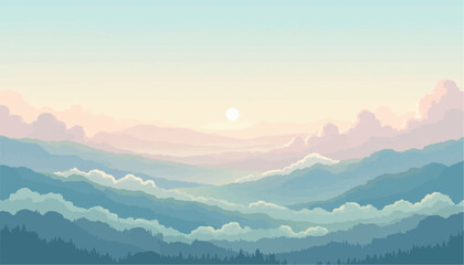 Obraz premium Serene Mountain Landscape with Misty Layers and Sunrise in Soft Pastel Colors