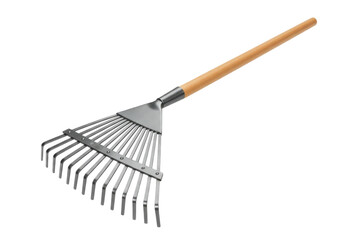 Metal garden rake with wooden handle positioned against a white background