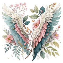 Angel Wings Adorned with Botanical Elements