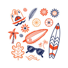 Hand-drawn doodle beach and surf icon vector set with tropical elements like palm trees, waves, surfboards, and sun. Perfect for summer designs