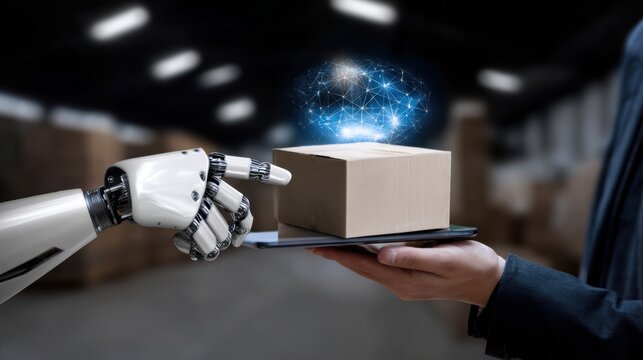 A person is holding an electronic tablet with a box above it displaying digital data in the form of blue light and a robotic arm next to it. A concept photo showing the use of AI for logistics.