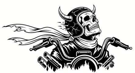 Vector style black and white illustration logo of an evil skull with horns, scarf behind motorcycle handlebars, death, Halloween, scary, biker, gang, death, tattoo, biker skull, horned skull, horror