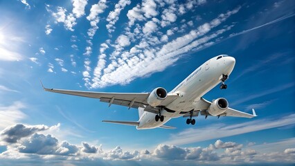 Obraz premium Commercial Airplane Flying in Clear Blue Sky with Clouds – Low Angle View of Aircraft in Flight