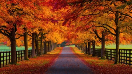 Vibrant autumn pathway lined with orange and red trees leading to a serene green field in the background