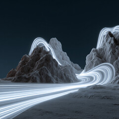 Majestic rocky mountain peaks illuminated by a sleek white neon light trail winding gracefully, abstract glowing mountain with white neon trail