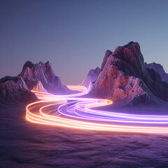Scenic mountain range illuminated by vibrant pink and purple neon light trails curving smoothly through rocky peaks ,Vibrant Light Trails Winding Through Surreal Mountainscape