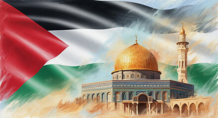 Palestinian Flag and Dome of the Rock, Jerusalem