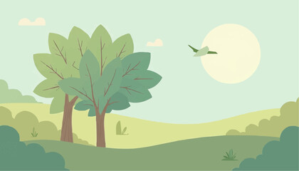 Fototapeta premium Illustration of Green Trees and Flying Bird in Sunny Nature Scene