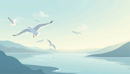Obraz premium Serene Seascape with Seagulls Flying Over Calm Water and Mountainous Horizon in Soft Pastel Colors