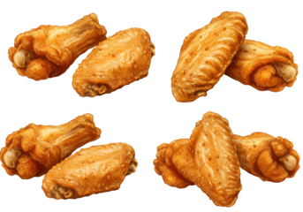 Assorted crispy chicken wings arranged on a white background, showcasing delicious texture
