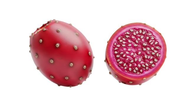 Vibrant Red Prickly Pear Cactus Fruit Whole and Halved Studio Shot.