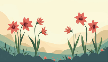 Obraz premium Illustration of Pink Lilies Growing in a Mountain Landscape with Soft Pastel Colors