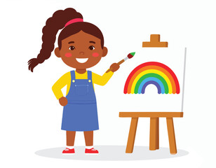 Cartoon vector illustration of a child girl drawing with a brush and canvas board, smiling happily