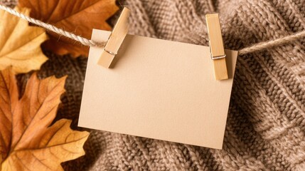 Blank card hanging on a string with autumn leaves and knitted fabric in the background, perfect for fall themes