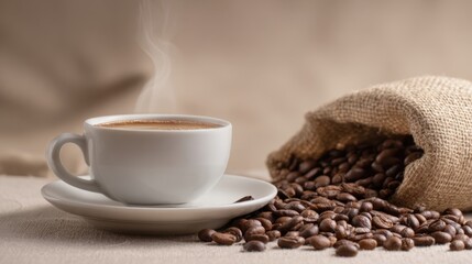 The steaming cup of coffee with freshly roasted beans nearby.