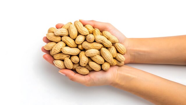 Hands holding pile of whole unshelled peanuts on white background

