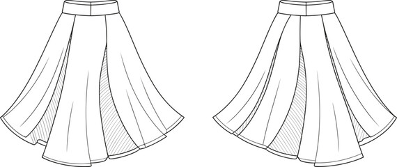 Cad drawing flat vector illustration, flared skirt design, panel construction, fashion sketch, garment template, waistband detail, sewing reference, knee-length style