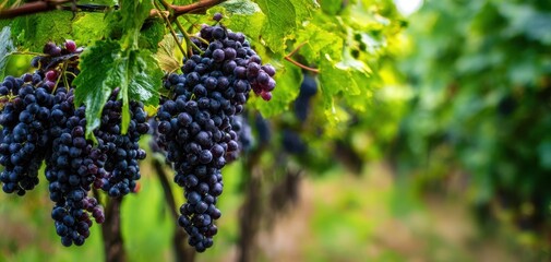 The vibrant clusters of ripe grapes hanging in a lush vineyard.