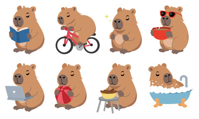Set of Cute Capybara in Cartoon Flat Style. Hand Drawn Vector Art.