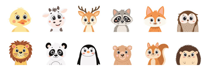 Collection of Any Animals Portrait in Flat Cartoon Style. Hand Drawn Vector Art.