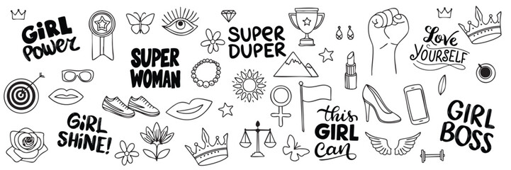 Set of Girl Power Elements in Doodle Style. 