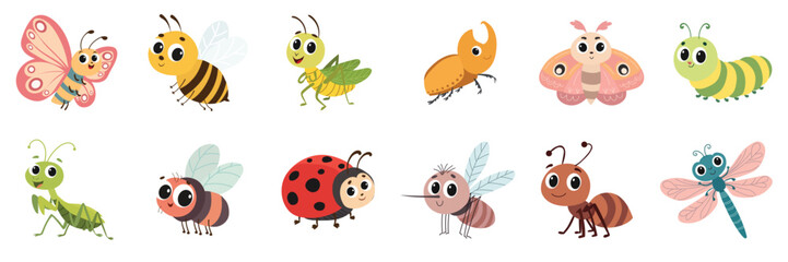Set of Insects in Cartoon Flat Style. Hand Drawn Vector Art. © clelia-clelia