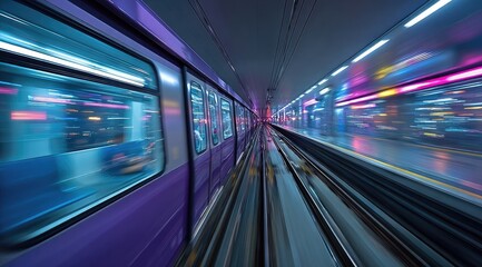 Fast-moving train in a vibrant, neon-lit subway tunnel