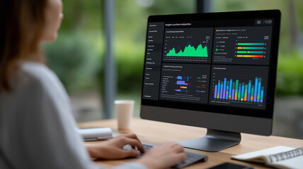Naklejka premium Focused close-up of woman’s hands working on SEO strategy at modern workstation with vibrant analytics screen, marketing charts, and smartphone in professional corporate daylight environment