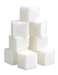 A pyramid of ten white sugar cubes on a white background