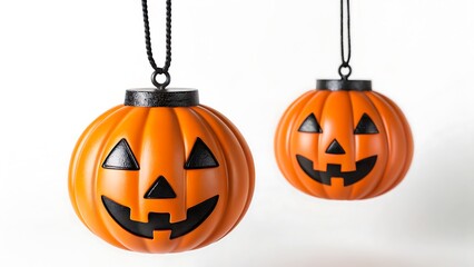 Fototapeta premium Two hanging plastic jack o lantern pumpkins with smiling faces on white background 