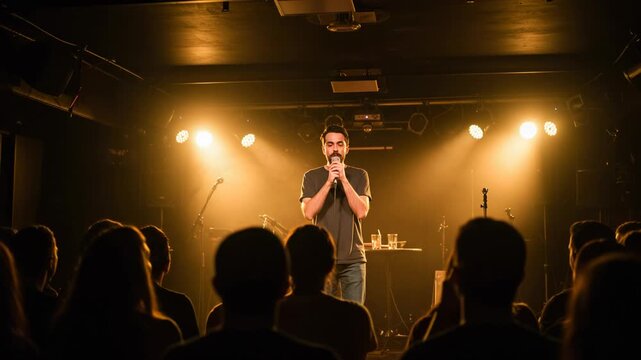 A comedian stands center stage under bright spotlights, addressing an unseen audience during a standup comedy performance