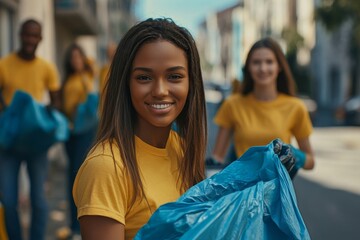 Diverse group of volunteers cleaning up the street, contributing to a community service project and demonstrating collective environmental responsibility, Generative AI