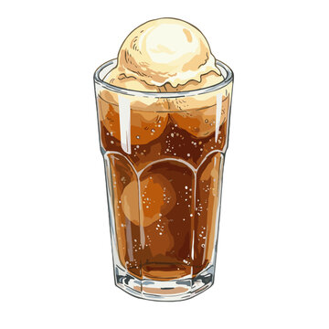 Delicious root beer float illustration with creamy vanilla ice cream in a tall glass, featuring refreshing bubbles and a whimsical design