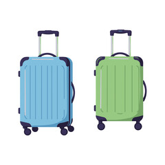 Two colorful suitcases for travel vacation or business trip on white background