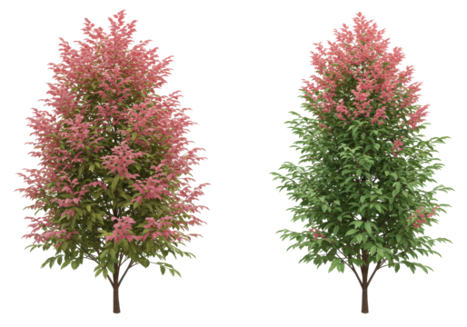 Vibrant pink and green trees in a serene garden setting with a clear sky backdrop