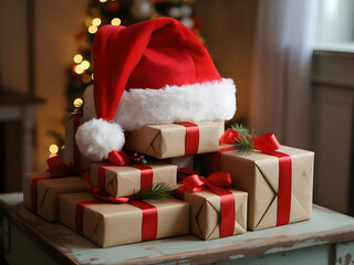 Festive red santa hat resting on stacked brown paper wrapped christmas presents adorned with red ribbons and pine sprigs