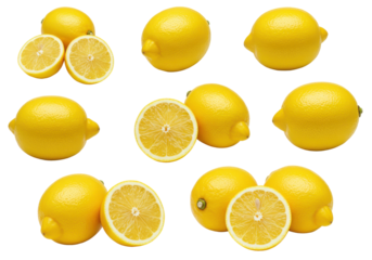Fresh lemons displayed in various arrangements with some cut in half, showcasing vibrant color