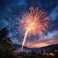 Fireworks display over a valley at sunset