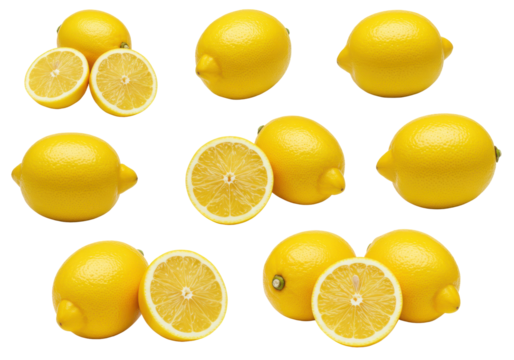 Fresh lemons displayed in various arrangements with some cut in half, showcasing vibrant color