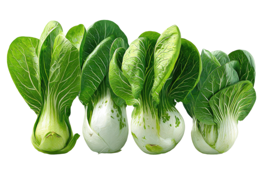 Close-up of four Bok Choy heads.  Fresh, vibrant green leaves encircle pale, off-white stems.  Healthy and appetizing