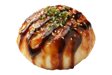 Japanese takoyaki ball topped with thick sauce, green onions, and bonito flakes, isolated on white transparent background, concept of street food